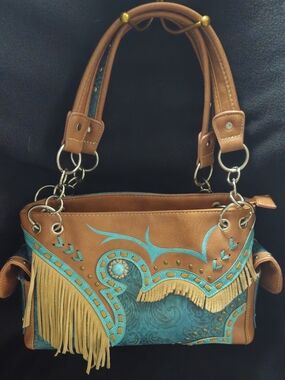 Unbranded Western Turquoise & Tan Fringe Conceal Carry Shoulder Bag